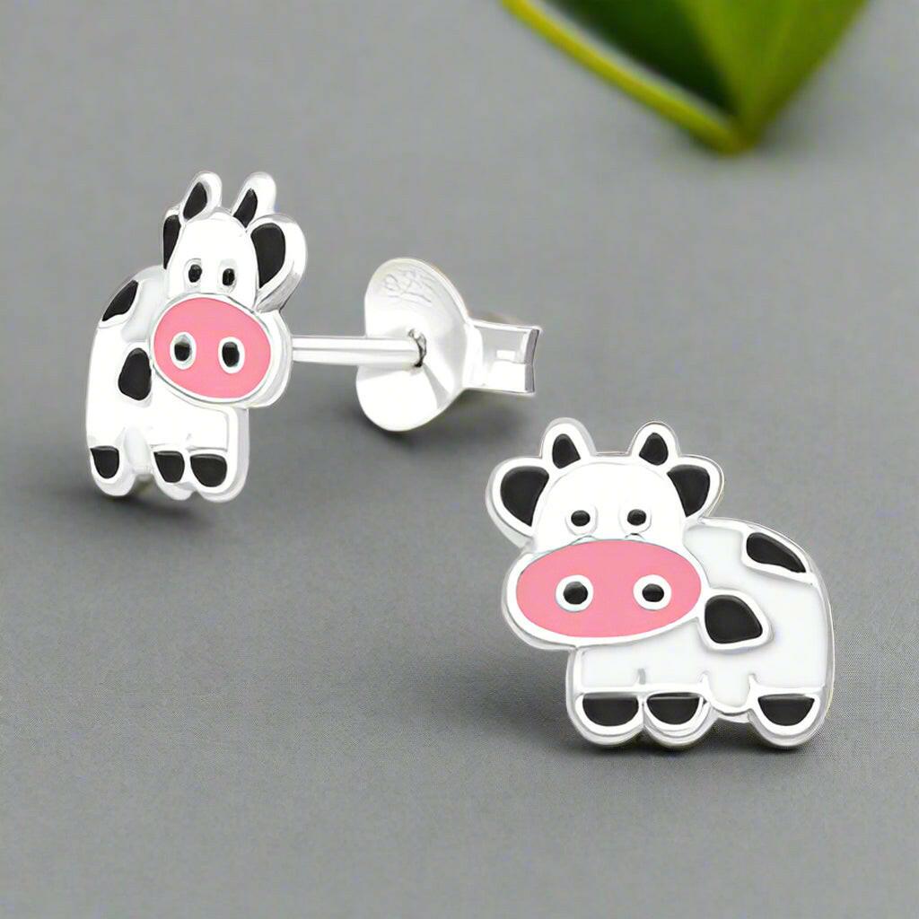 Silver Stud Earrings – 925 Sterling Hypoallergenic Cow Design With Butterfly Backs - Crumble and Core