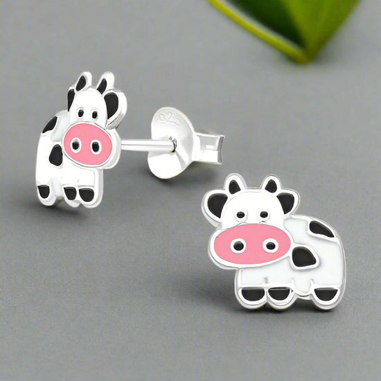 Silver Stud Earrings – 925 Sterling Hypoallergenic Cow Design With Butterfly Backs - Crumble and Core