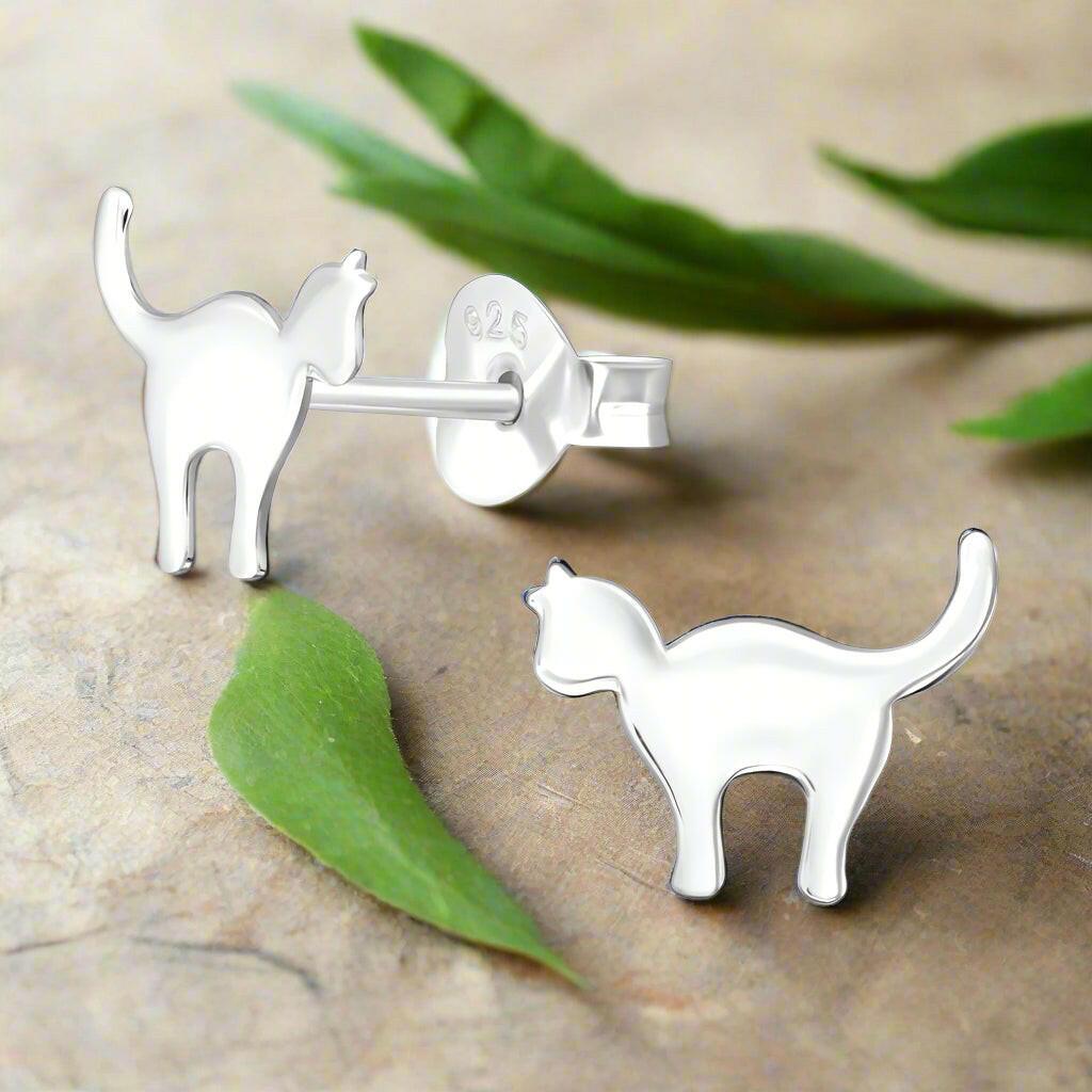 Silver Cat Stud Earrings - Minimalist Jewellery for Cat Lovers - Crumble and Core