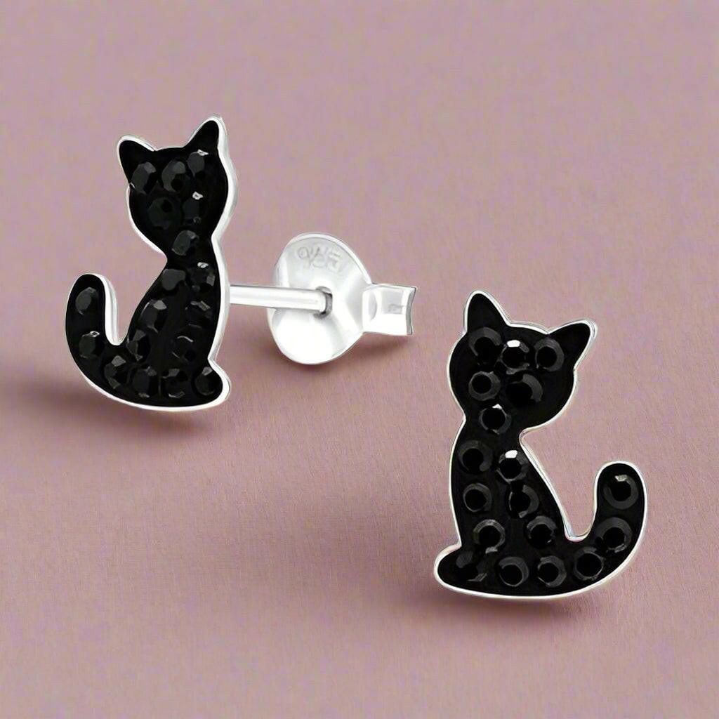 Crystal Silver Cat Earrings – Hypoallergenic Sterling Silver Studs | Lightweight Nickel-Free - Crumble and Core