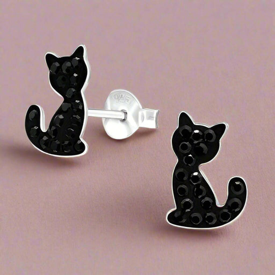 Crystal Silver Cat Earrings – Hypoallergenic Sterling Silver Studs | Lightweight Nickel-Free - Crumble and Core