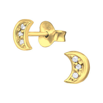 Gold Plated Sterling Silver Sparkly Moon Earring Studs