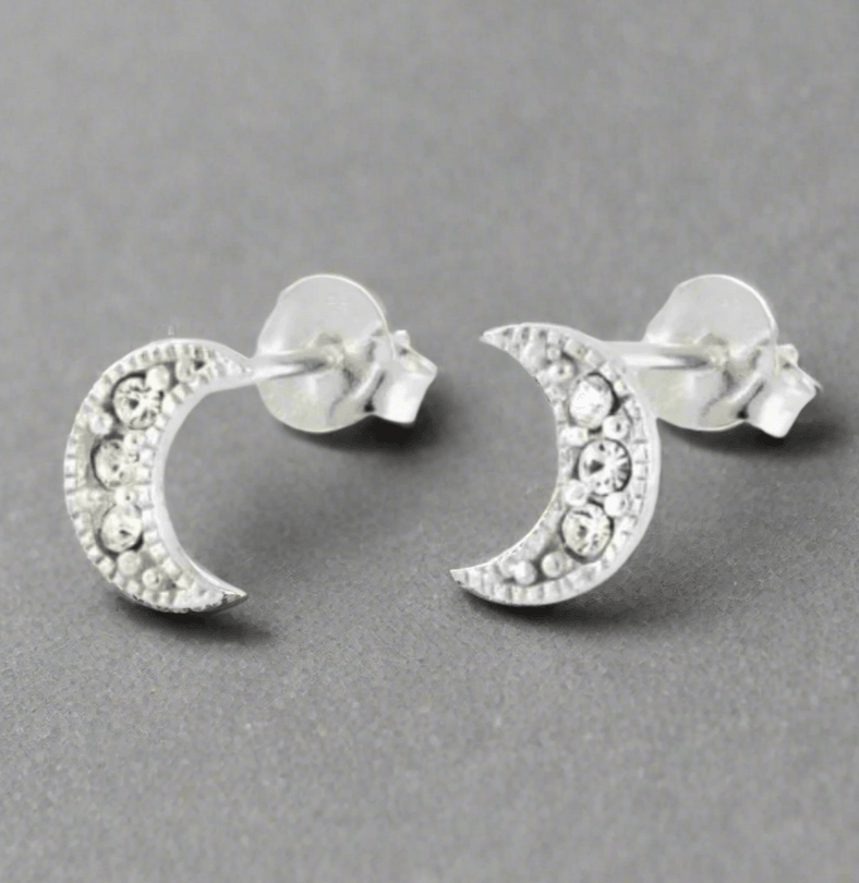 Silver Crescent Moon Crystal Stud Earrings - Elegant and Unique Jewellery - Crumble and Core