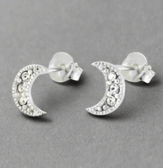 Silver Crescent Moon Crystal Stud Earrings - Elegant and Unique Jewellery - Crumble and Core
