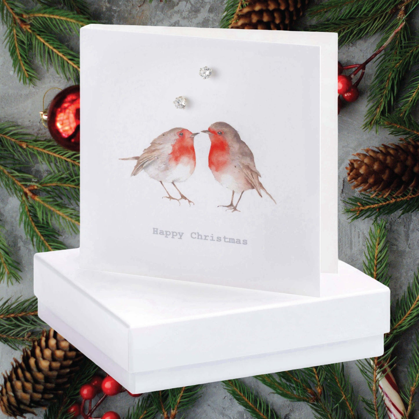 Sterling Silver Stud Earrings on Robins Christmas Card - Boxed Gift - Christmas Card