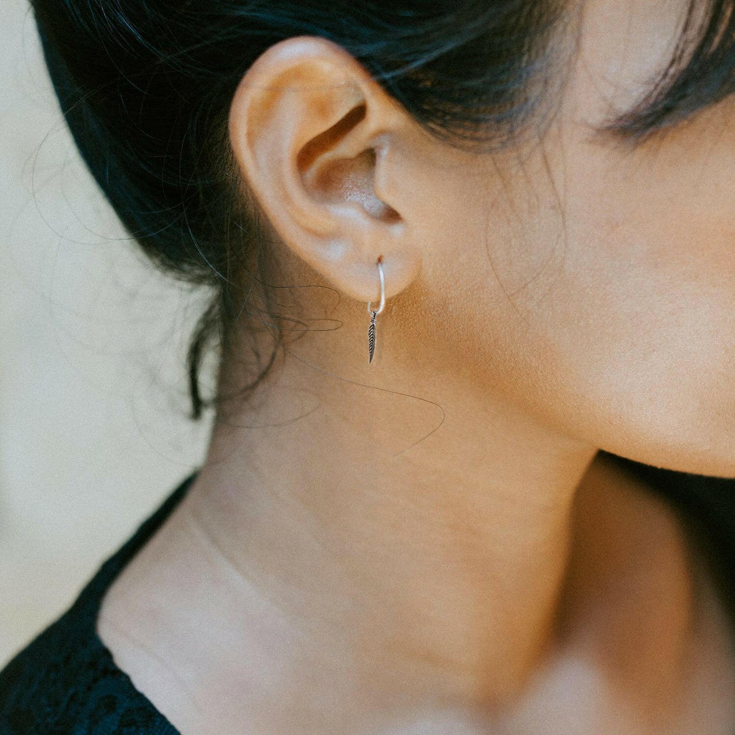 Feather Huggie Hoop Silver Earrings  Crumble and Core   