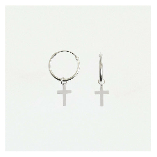 Load image into Gallery viewer, Cross Huggie Hoop Silver Earrings  Crumble and Core   
