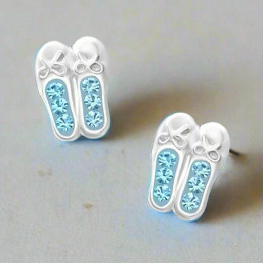Sterling Silver Ballet Shoe Crystal Stud Earrings - Aquamarine Jewellery for Dancers - Crumble and Core