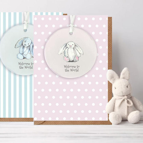 A6 Greeting Card with Ceramic Keepsake - Baby Boy Bunny