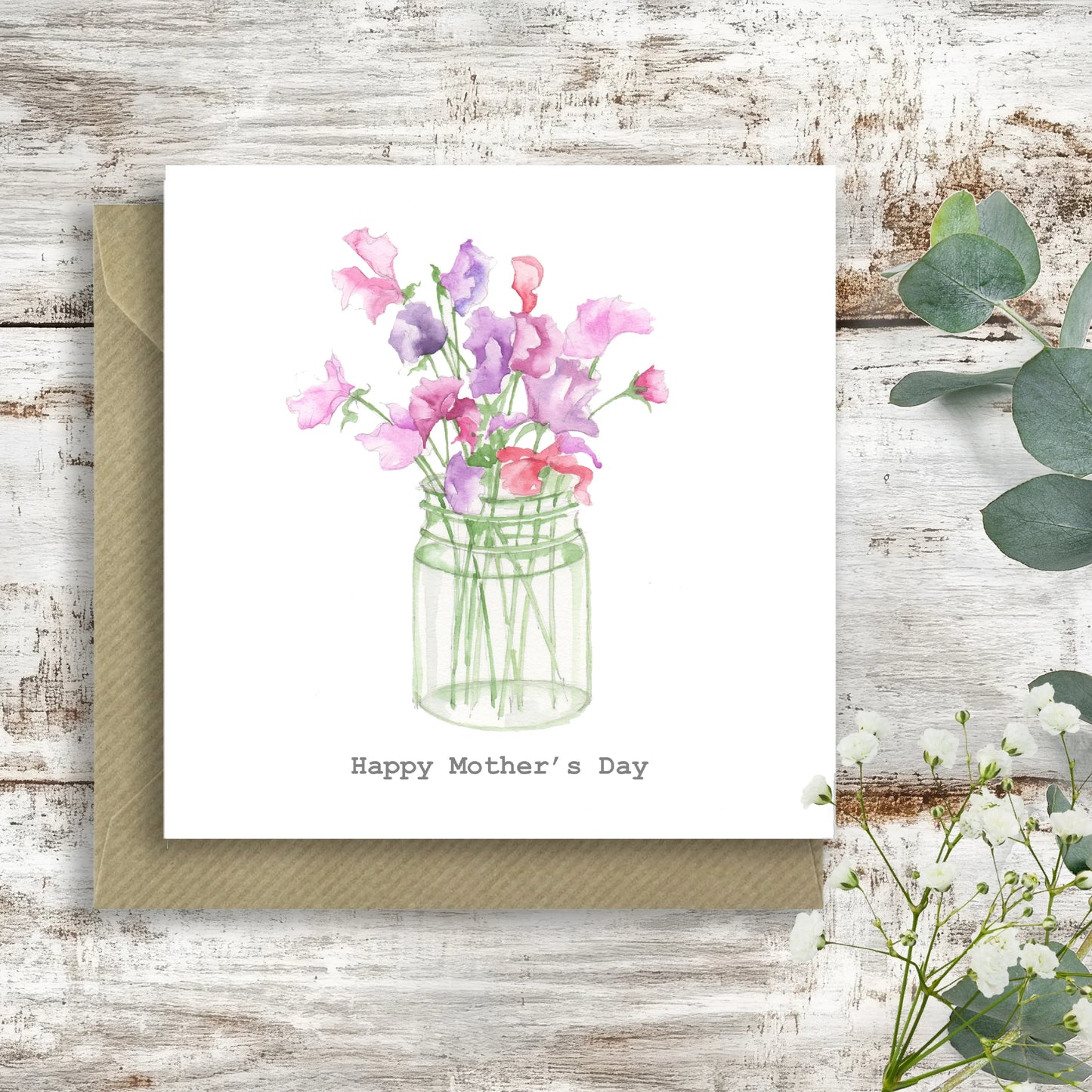 Handcrafted Mother's Day card with watercolor flowers in a jar, Crumble and Core