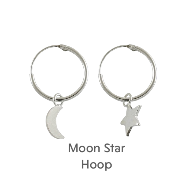 a pair of silver hoop earrings with a star and a crescent