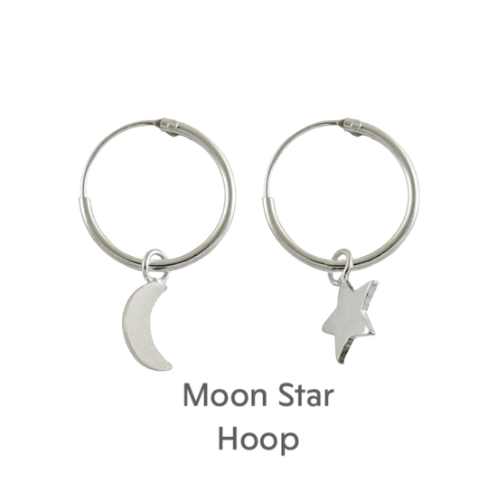 a pair of silver hoop earrings with a star and a crescent