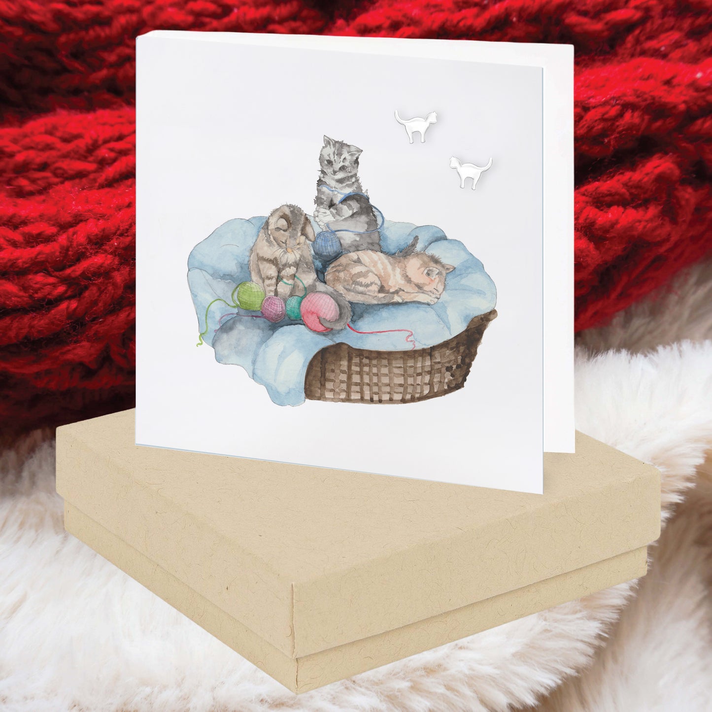 Kitten Sterling Silver Stud Earrings on Boxed Card - Adorable Gift for Cat Lovers