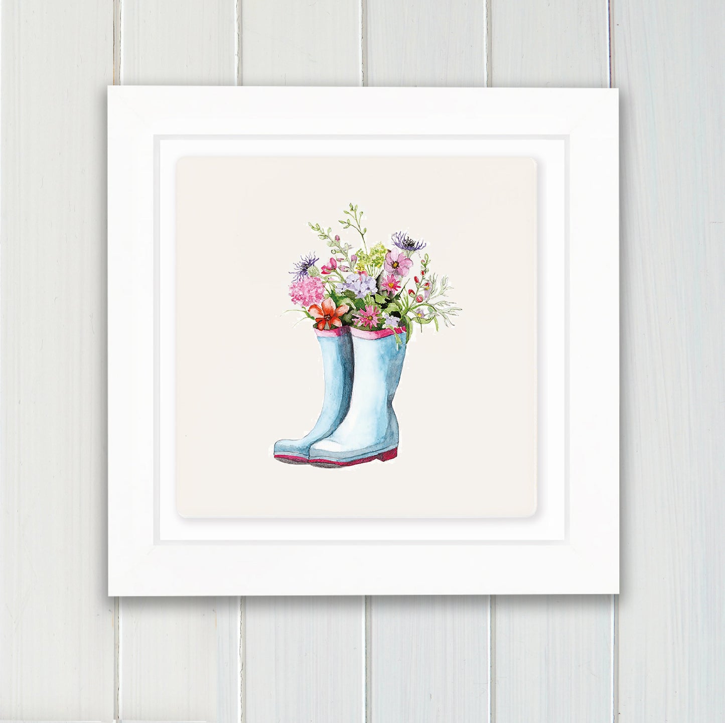 Hand Finished Ceramic Framed Tile Print - Flowers & Wellies Design - Home Decor - Gifts for Her