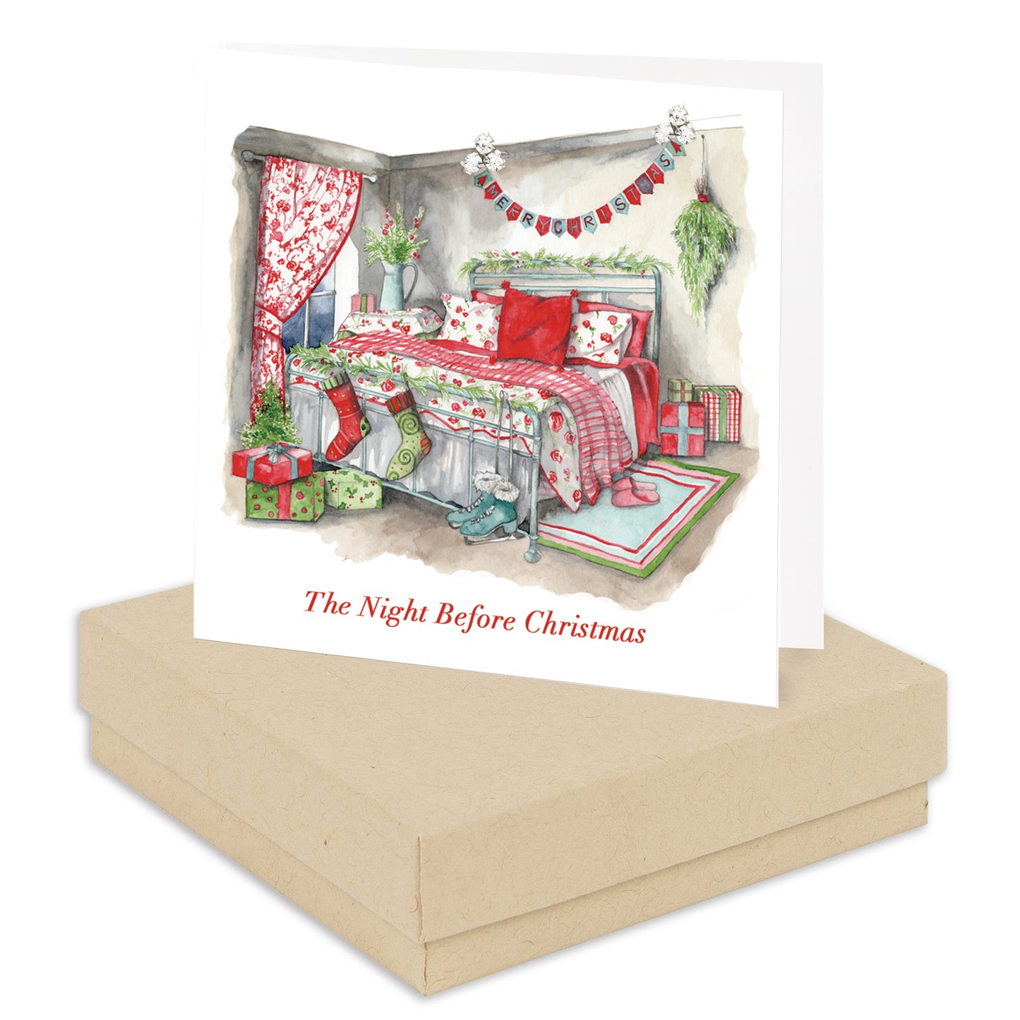 a christmas card with a picture of a bedroom