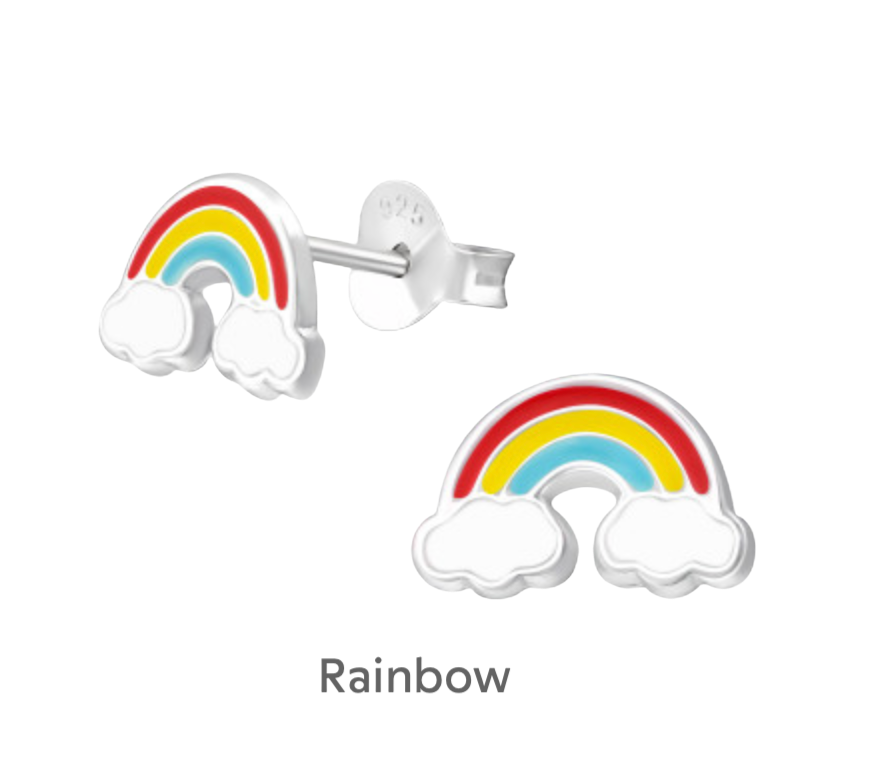 a pair of rainbow earrings on a black background