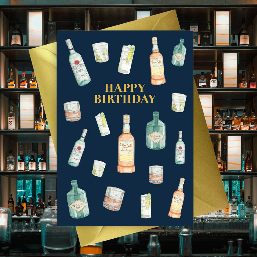 Mens Navy Collection A6 Foiled Greeting Card Happy Birthday Drinks Design