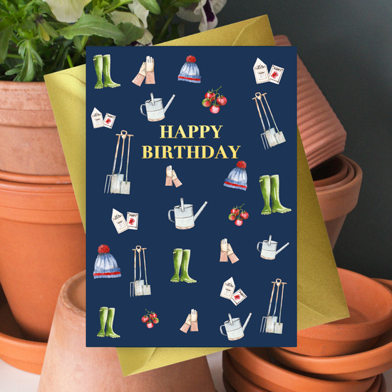 Mens Navy A6 Foiled Greeting Card - Gardening Happy Birthday Design