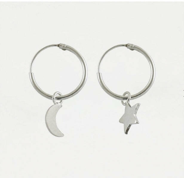 Moon and Star Huggie Hoop Silver Earrings  Crumble and Core   