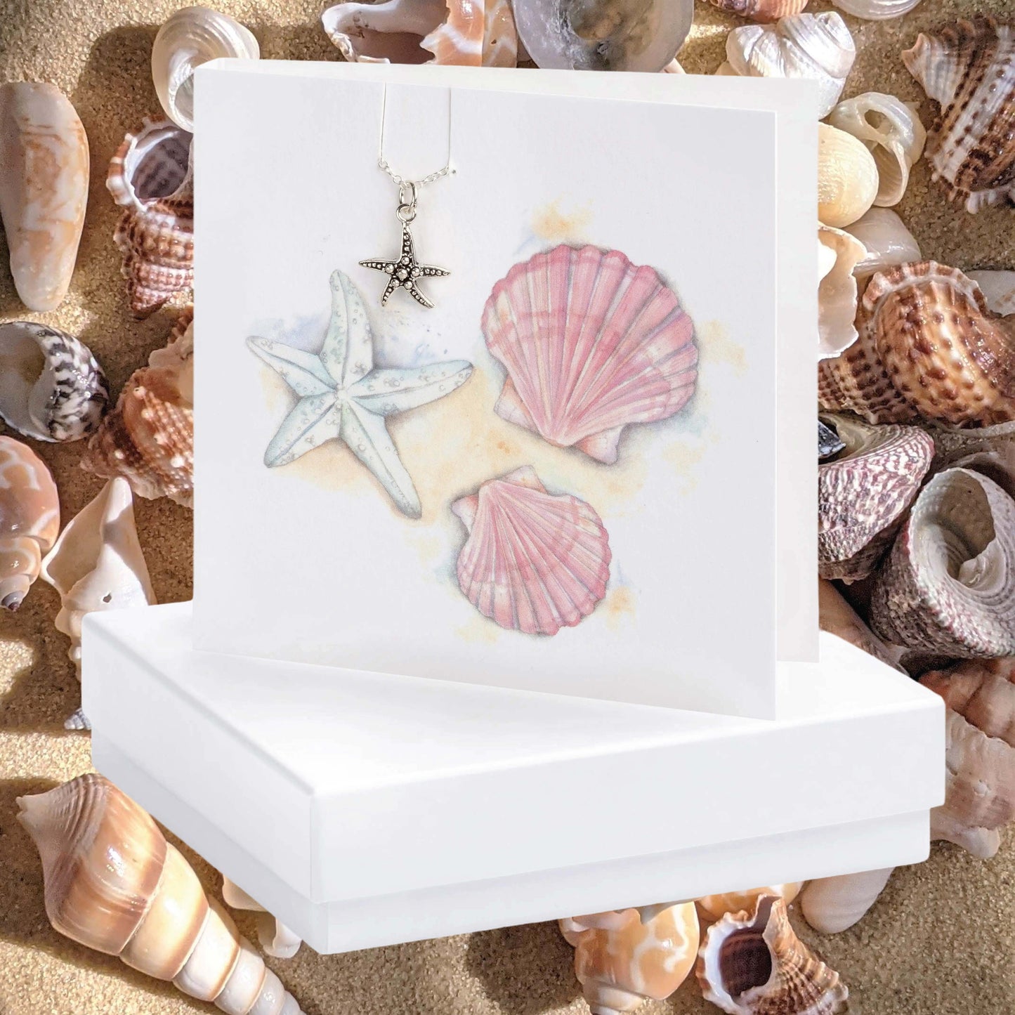 Sterling Silver Starfish Pendant Necklace - Hand-Finished Gift Set with Greeting Card Gift Box and Sea Shells