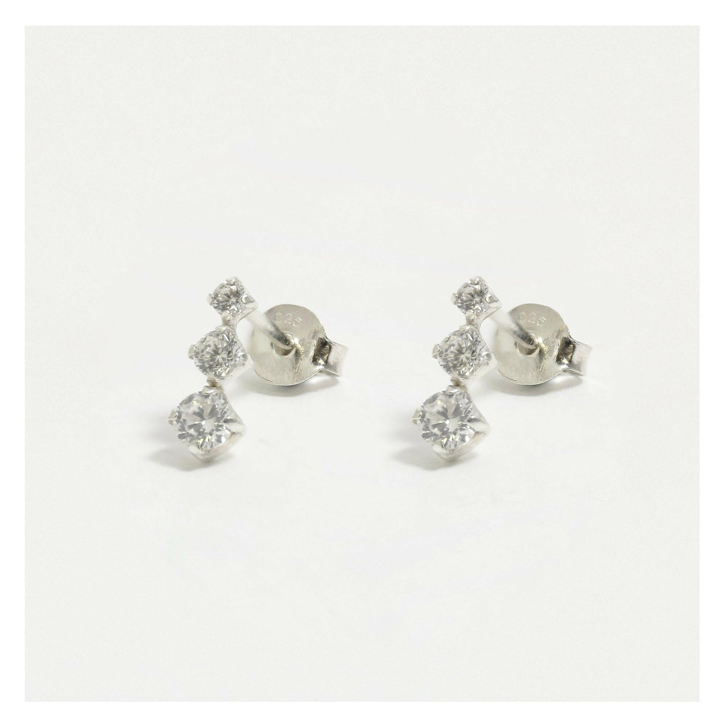Cubic Zirconia Triple Drop Silver Ear Stud Earrings Crumble and Core   